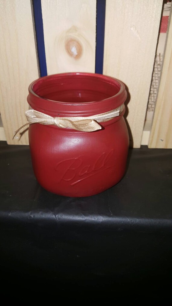 Small Sized Deep Red Mason Jar with Tan Ribbon