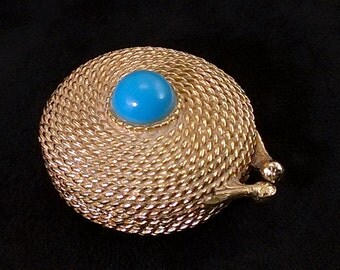 Vintage Estee Lauder Perfume Compact Youth Dew(?), Faux Turquoise Cabochon, Gold Tone Rope Detail