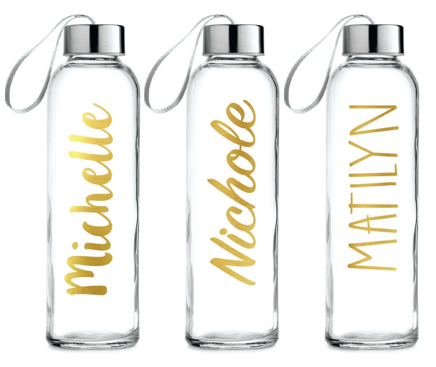 Personalized Glass Water Bottle with strap-Gold Foil 18oz