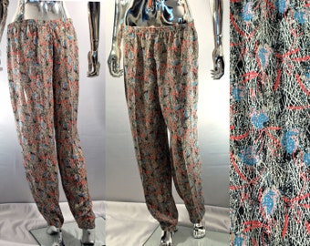 80s / 90s Harem Pants | Vintage Women's Size 13 MC Hammer Pants | Neon Bright Colors, Pleated, Squiggles | Retro Pants, 15 Waist blue, black