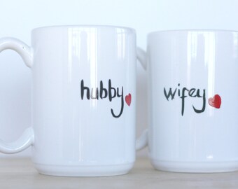 Hubby Wifey Mugs- Couples Mug Set- Wedding Mug Set- Valentines Day Mug- Custom Mug Set- Wedding Gift For Couple- Handpainted Coffee Mug