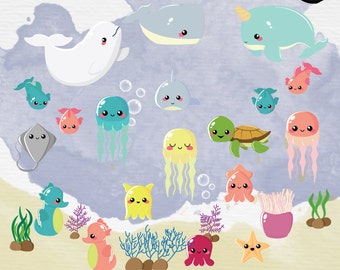 Baby Sea Creatures Clipart. Under the sea Clipart. Ocean Animals Clipart. PNG + Vector. Personal and Commercial Use. Instant download.