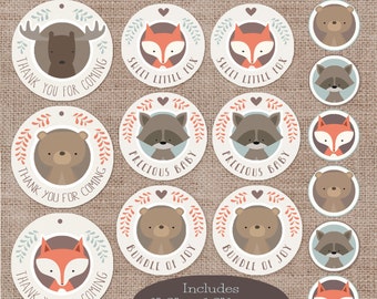 Baby Shower Favors and Decorations, Woodland Animal Circle Buttons