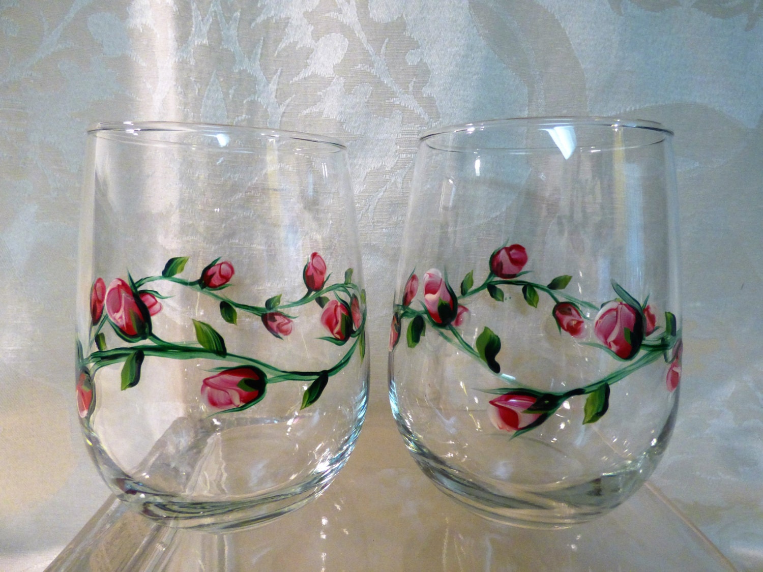 Hand Painted Rosebud Vine STEMLESS Wine Glasses2 Holiday