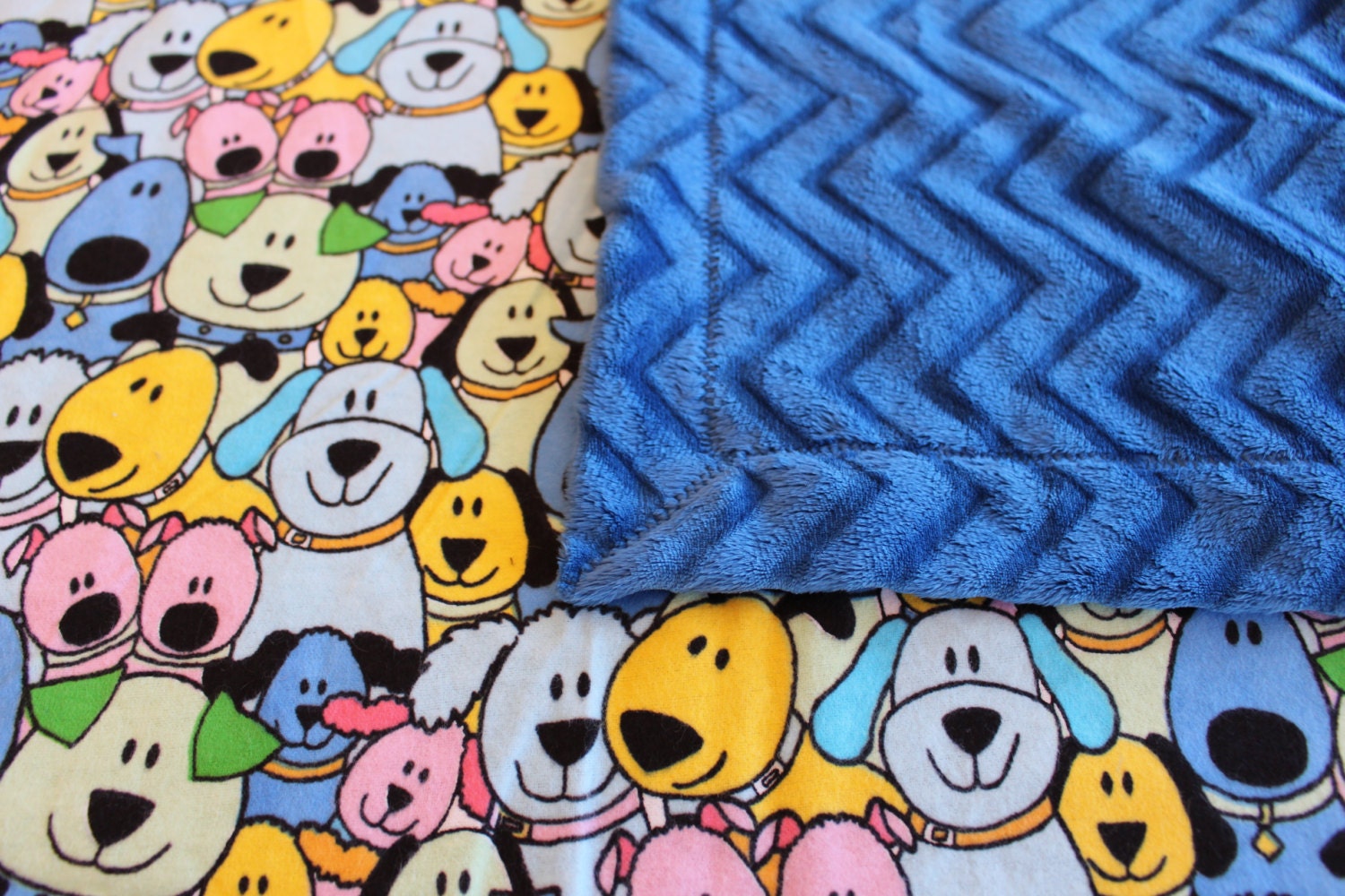 Adorable Puppy Baby Blanket Blue with Multi Colored Puppy