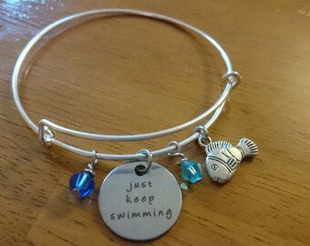 Just keep swimming quote silver expandable bracelet/necklace/key ring options
