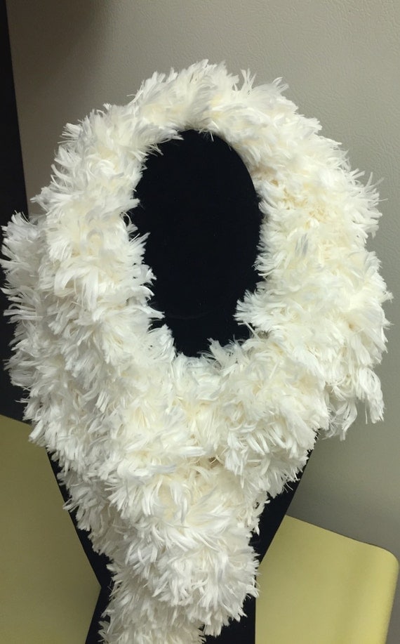 White faux fur scarf hand knitted