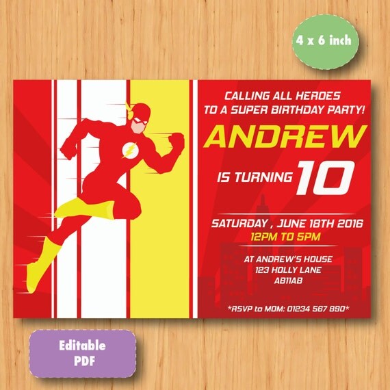 The Flash Birthday Invitation SELF EDITABLE TEXT by ClipartEmpire