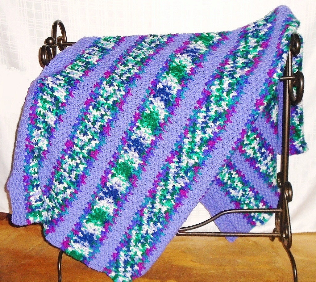 Purple Crochet Blanket Purple Green White Throw by MrsFullersAttic