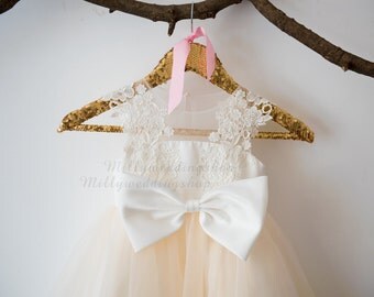 Ivory Lace Champagne Tulle Flower Girl Dress Wedding Bridesmaid Dress with Big Bow M0035