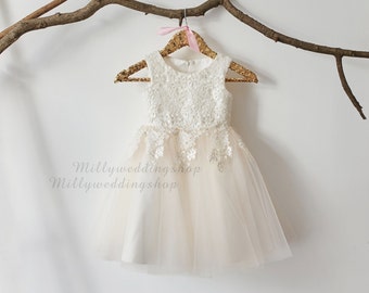 Ivory Lace Champagne Tulle Flower Girl Dress Wedding Bridesmaid Dress M0016