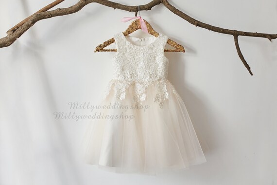Ivory Lace Champagne Tulle Flower Girl Dress Wedding