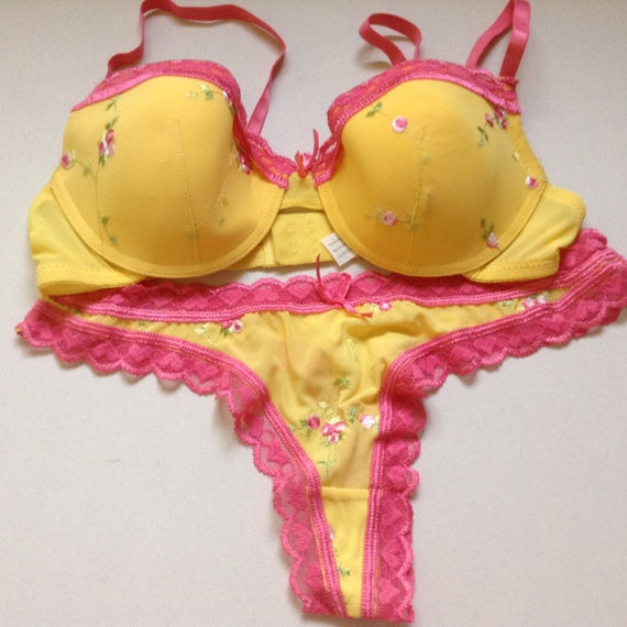 Yellow with Pink Flowers Bra Set