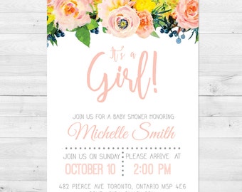 Baby Shower Invitation Girl, Baby Shower Invitation, Floral Baby Shower Invitation, Pink, Watercolor Baby Shower Invitation