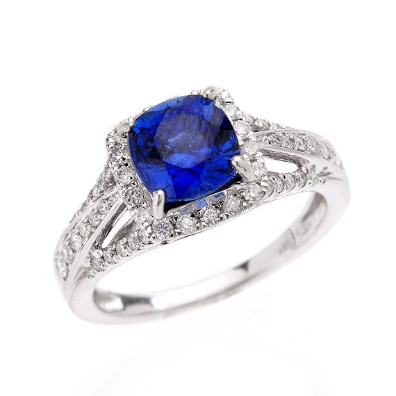 Lab Grown Blue Sapphire Engagement Ring Halo by MarkWayneInc