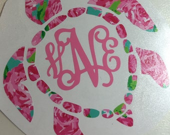 Sea Turtle Monogram Lilly Print Vinyl Vinyl Decal Yeti Decal Ipad Decal Window Decal Vinyl Sticker Personalize