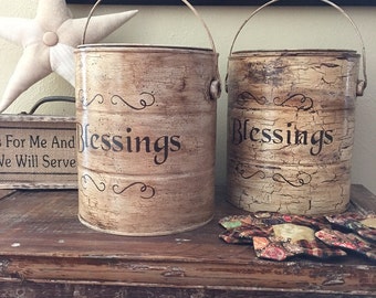Primitive Antiqued Blessings Paint Bucket with Handle and Lid