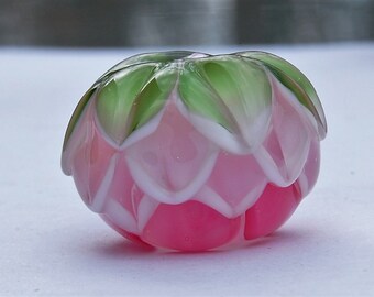 Lampwork Glass Bead -Raspberry Flower White and Pink
