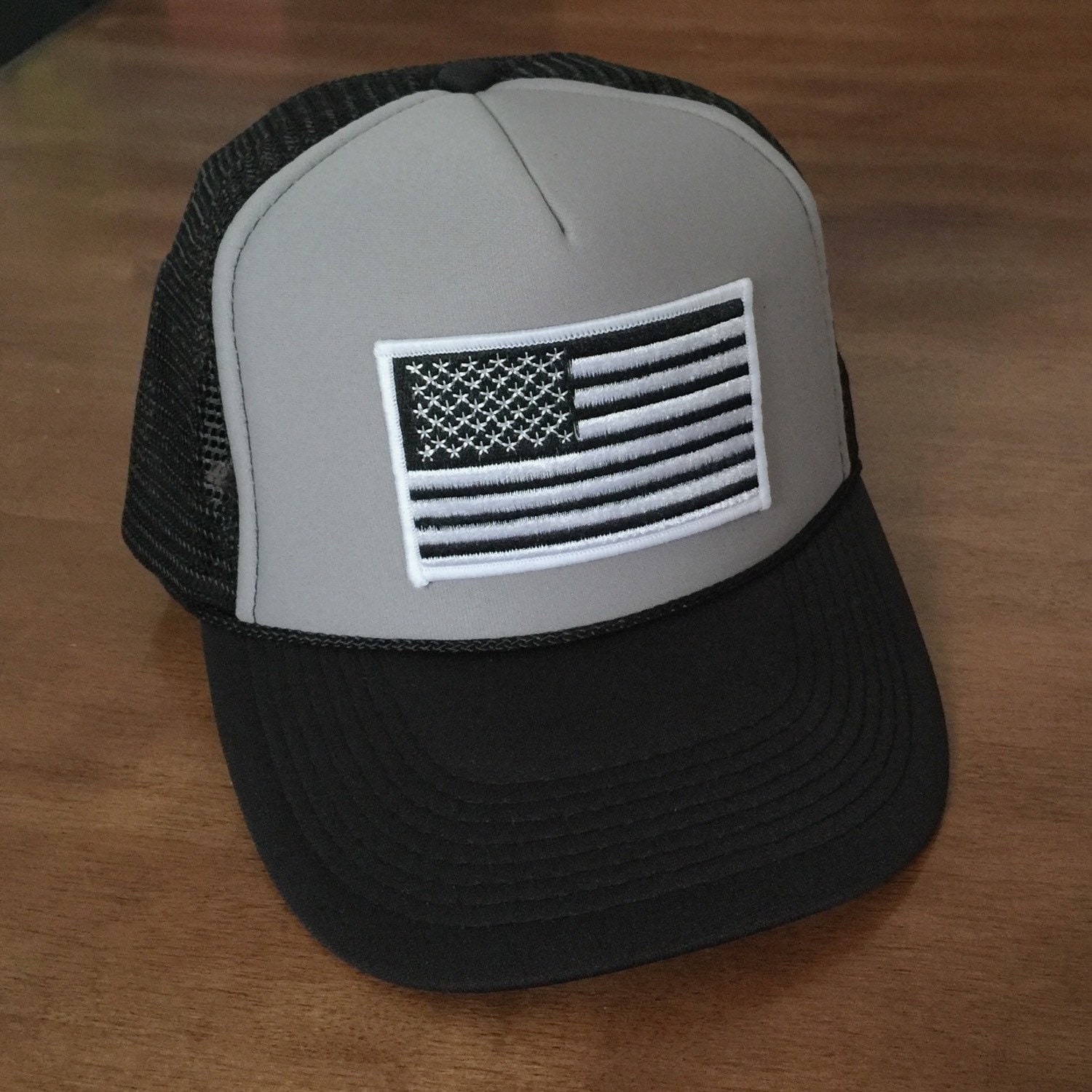 Black & White AMERICAN FLAGBlack Hat with Grey Foam Front