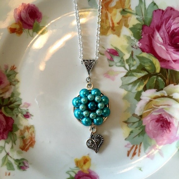 Vintage Teal Blue Necklace with Heart Charm
