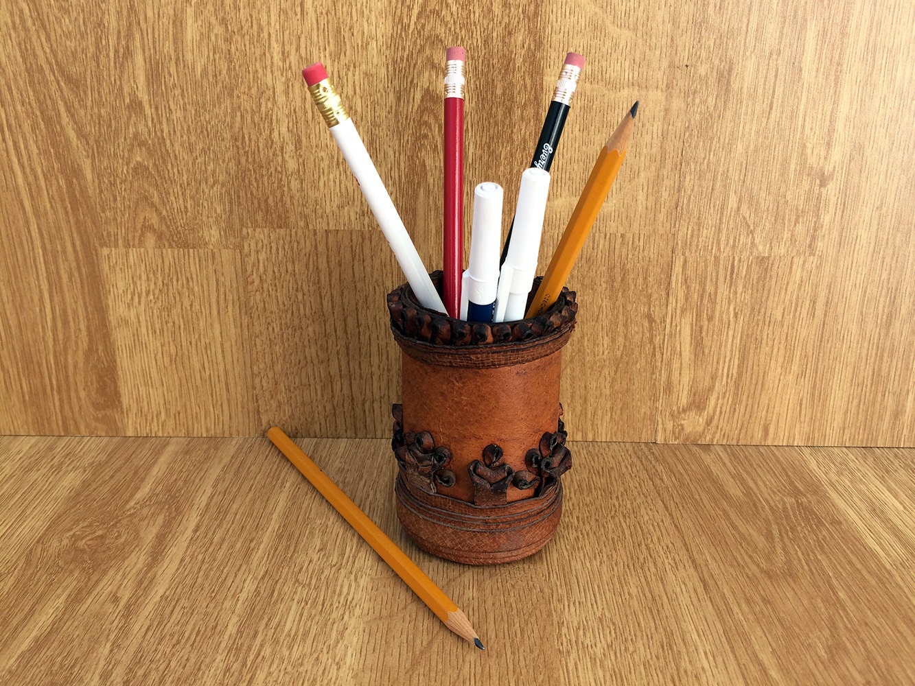 Leather pencil holder Vintage pen holder Office storage Desk