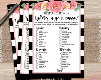 What's in Your Purse Game - Printable Black and White Pink Floral Bridal Shower Purse Game - Purse Raid Game - Peony Bridal Shower 019