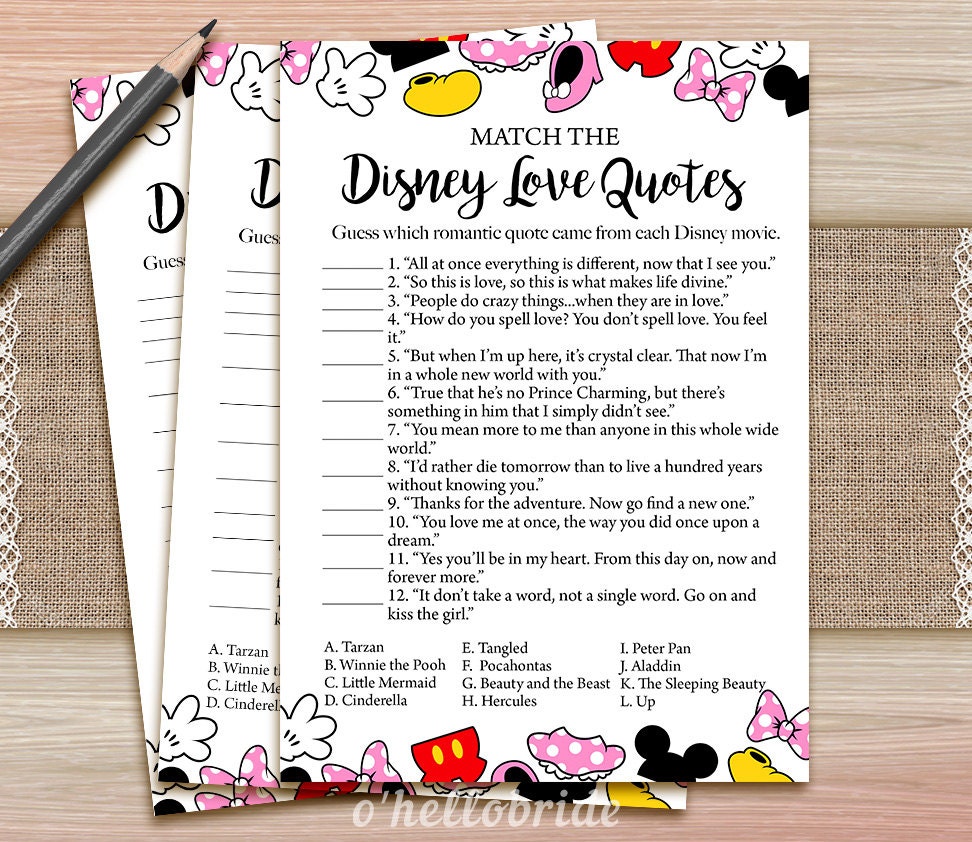  Disney  Love  Quotes  Match Game Printable Disney  Bridal  Shower