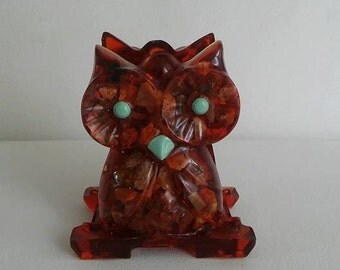 Vintage Resin Lucite Petrified Wood Owl Napkin Holder