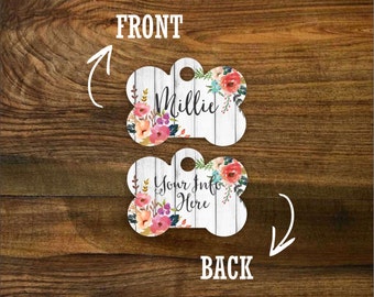 Watercolor Flowers Double Sided Pet Tag - Customized Dog Tag - Custom Dog Tag - Personalized Dog Tag - Monogrammed Dog Tag - Custom Tag