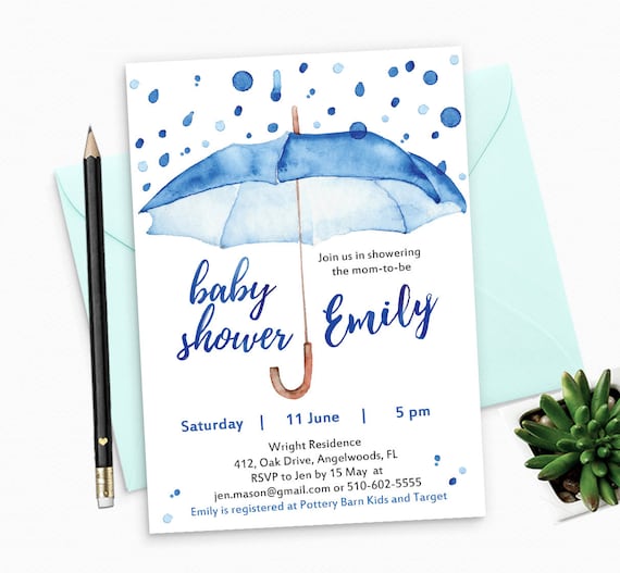 Watercolor Baby Shower Invitation for Boy - Printable Baby Shower Invitation for Boy - Watercolor Blue Umbrella