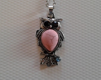Owl necklace, owl jewelry, silver tone chain, animal necklace, long owl necklace, owl pendant necklace, pink owl