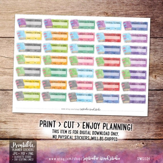 Reading Printable Planner Stickers Watercolor Reading