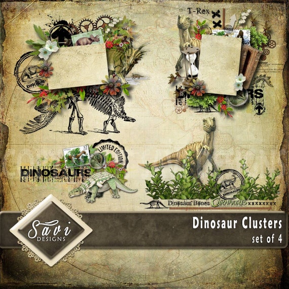 Digital Scrapbooking Clusters set of 4 DINOSAUR premade