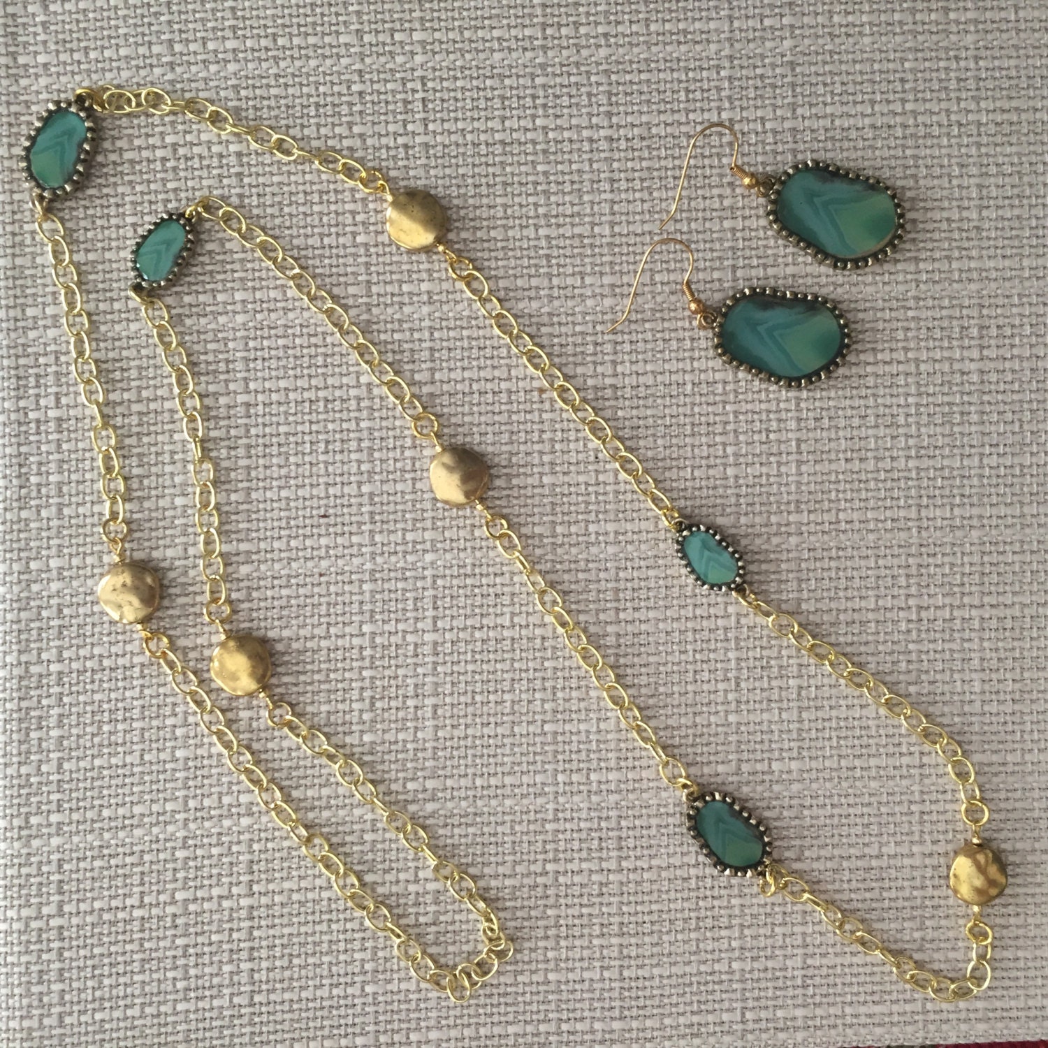 Green and gold necklace set by OlgasEclecticGems on Etsy