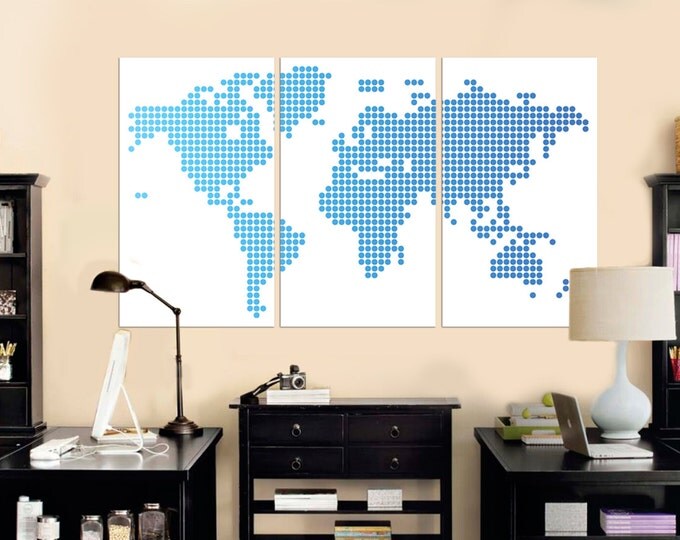 Blue Dotted Large World Map Canvas print, Abstract Wall Art \ 1,3,4 or 5 Panels on Canvas Wall Art for Home or Office Decoration
