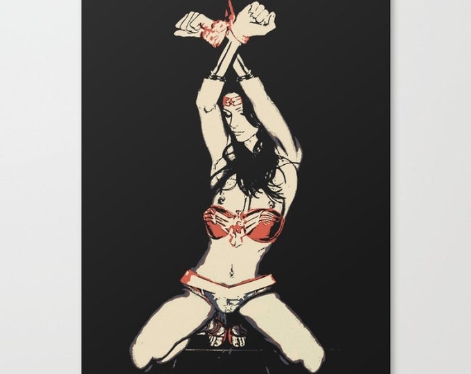 Erotic Art Canvas Print - Defeated Heroine, unique sexy conte style print, Girl in erotic BDSM bondage pose, sensual high quality artwork