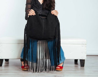 Black leather fringe bag, suede fringe purse, suede leather shoulder bag in black, boho suede fringe bag, leather purse,