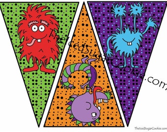 6 Monster Flag Banner-Monster Birthday Party Printable Flag Bunting Garland Banner-Little Monster Birthday Party-Digital Download Template