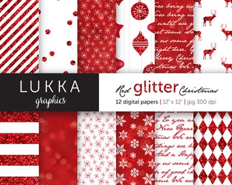 Red Glitter Christmas digital paper pack; christmas pattern; seasonal background; red and white