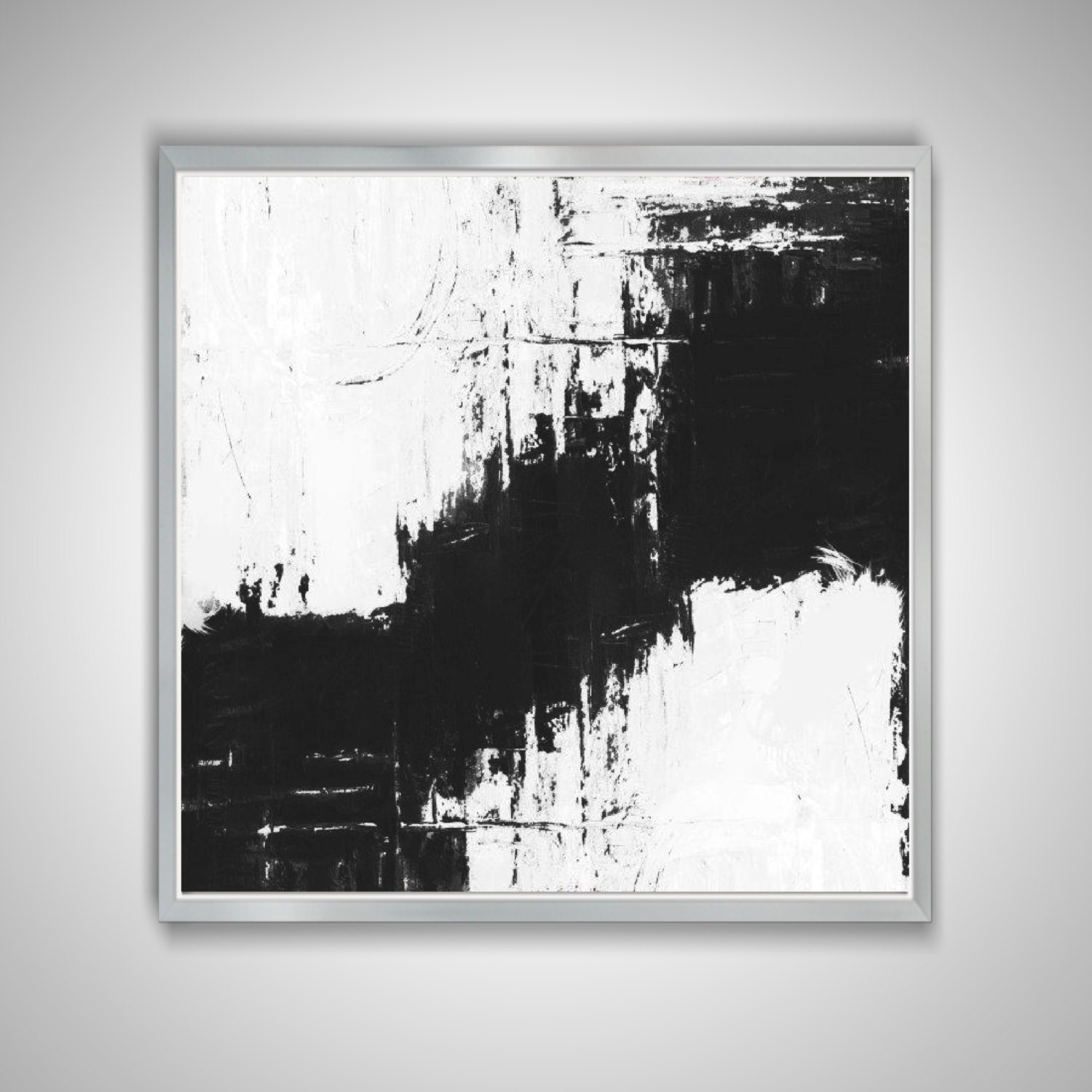 Large Hand Painted Square Black and White Abstract Painting