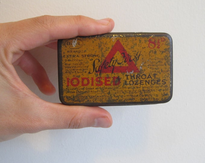 Vintage metal tin - collectable box - Iodised Throat Lozenges: safety first, extra strong. Yellow tin with lithographed red letters