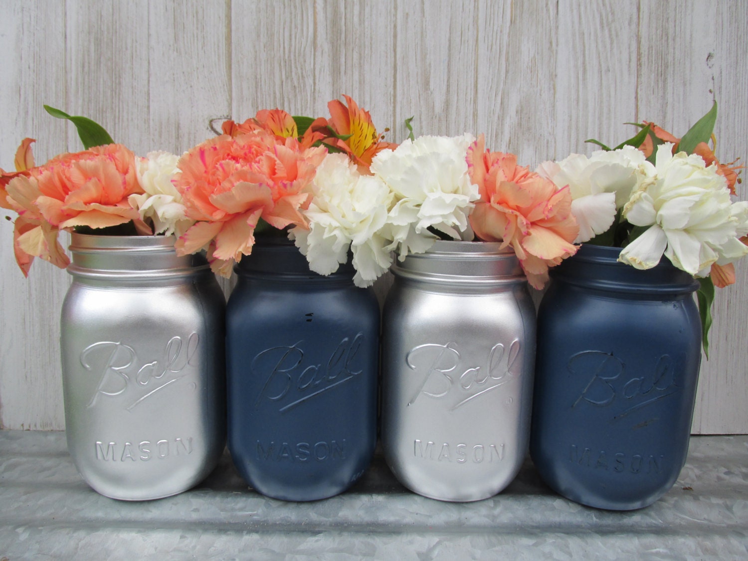 Painted Ball Mason JarsFlower Vases Navy Blue and Metallic