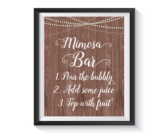 Mimosa Bar Sign, Rustic String Lights Bubbly Bar Sign, Champagne Bar, Bridal Shower, Birthday, Anniversary, Wedding, Country Shower décor