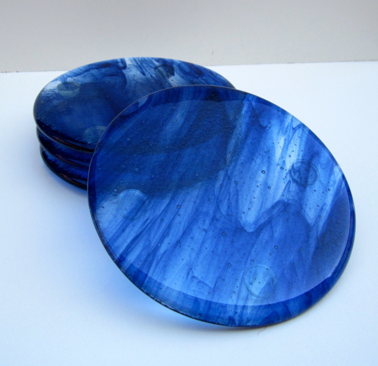 Round fused glass coasters blue