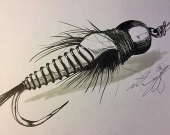 Fly fishing drawing | Etsy