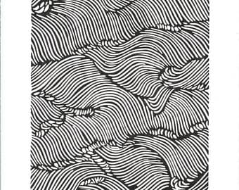 ROLLING WAVES Lino Print - Black& White Abstract Japanese Wave Print - 8x10 Block Print - Ready to Ship