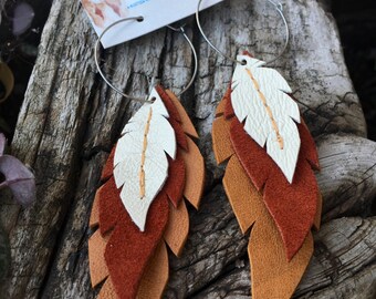Layered Leather Feather Earrings