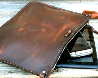Leather Portfolio / Handmade Leather Pouch / Mens Zipper Bag / Brown Leather / Leather Clutch / Large Zipper Clutch / feralempire.etsy.com