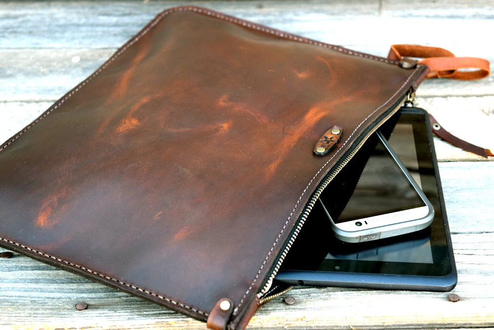 Leather Portfolio / Handmade Leather Pouch / Mens Zipper Bag