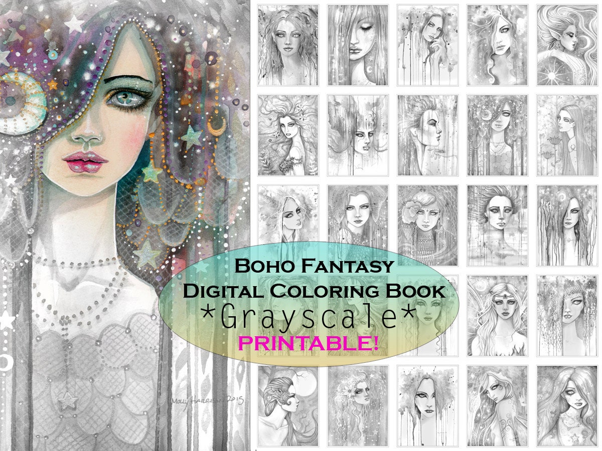 Bohemian Fantasy GRAYSCALE Coloring Book PRINTABLE Instant